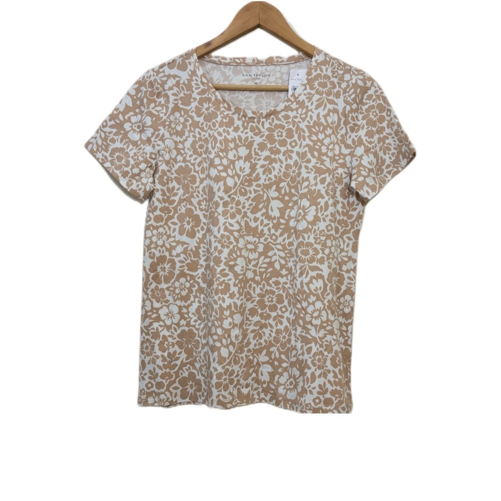 NWT - Ladies Crew Neck, Short Sleeve, Tan and White Shirt by Ann Taylor